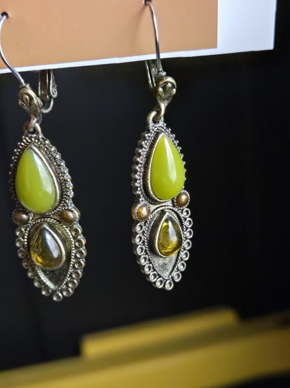 Vintage Brass Tone Drop Earrings with Lime Green Stone Amber Accents